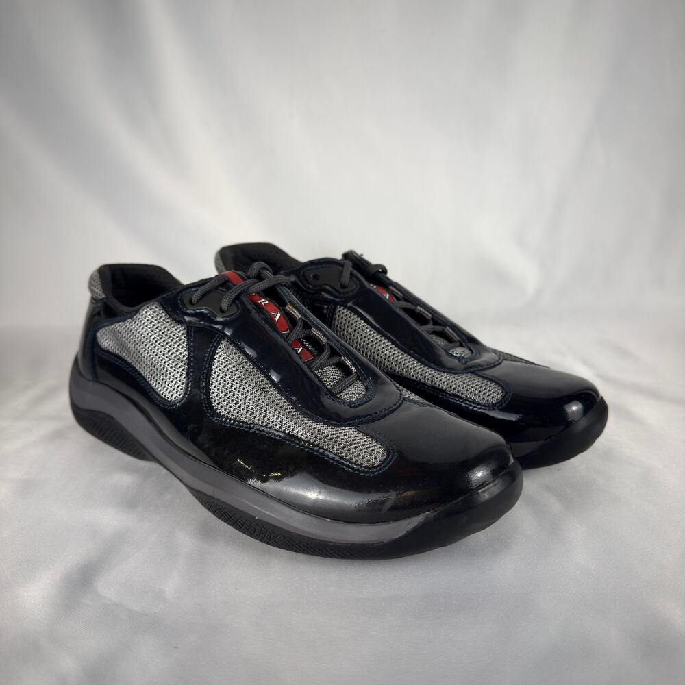 Prada America's Cup Navy Patent Leather Mesh Sneakers Size 39 EU